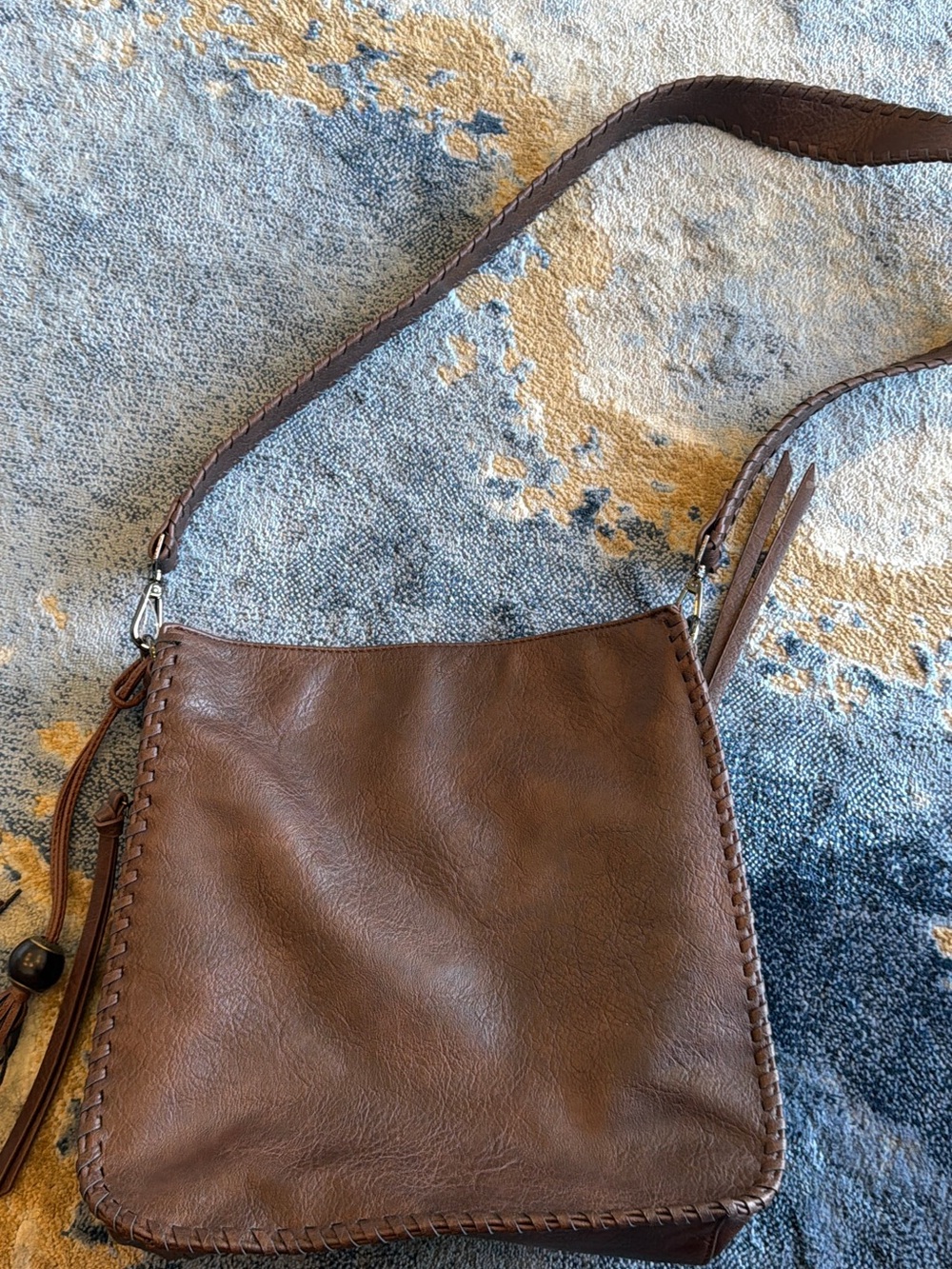 Antik Kraft Brown Leather Whipstitch Shoulder Bag with Tassel